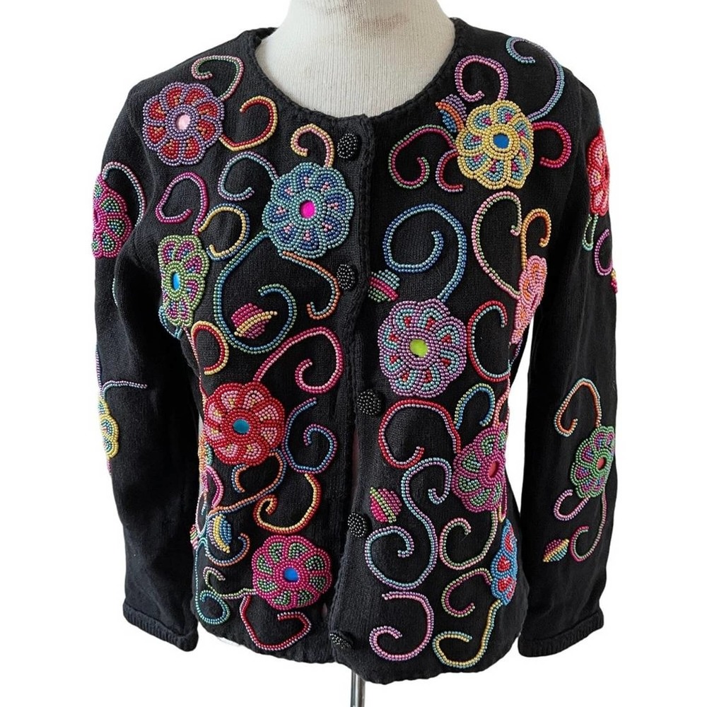 Michael Simon Cardigan Black Sweater Art to Wear Beaded Floral Colorful Small